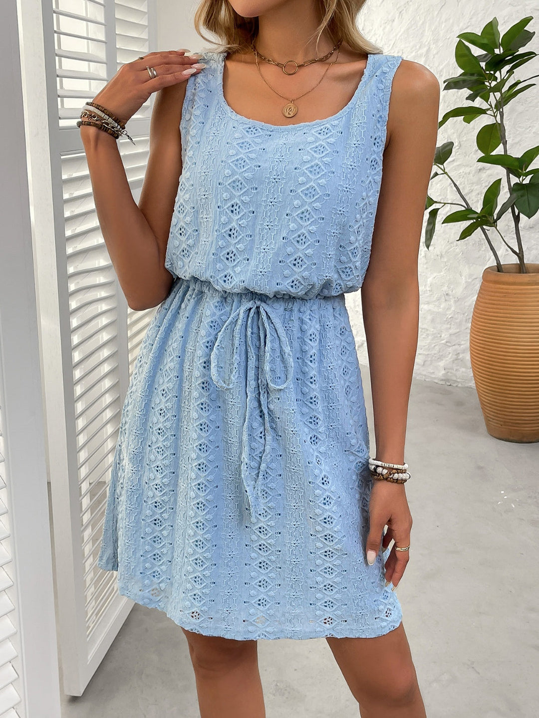 Noreya | Eyelet Drawstring Mini Dress