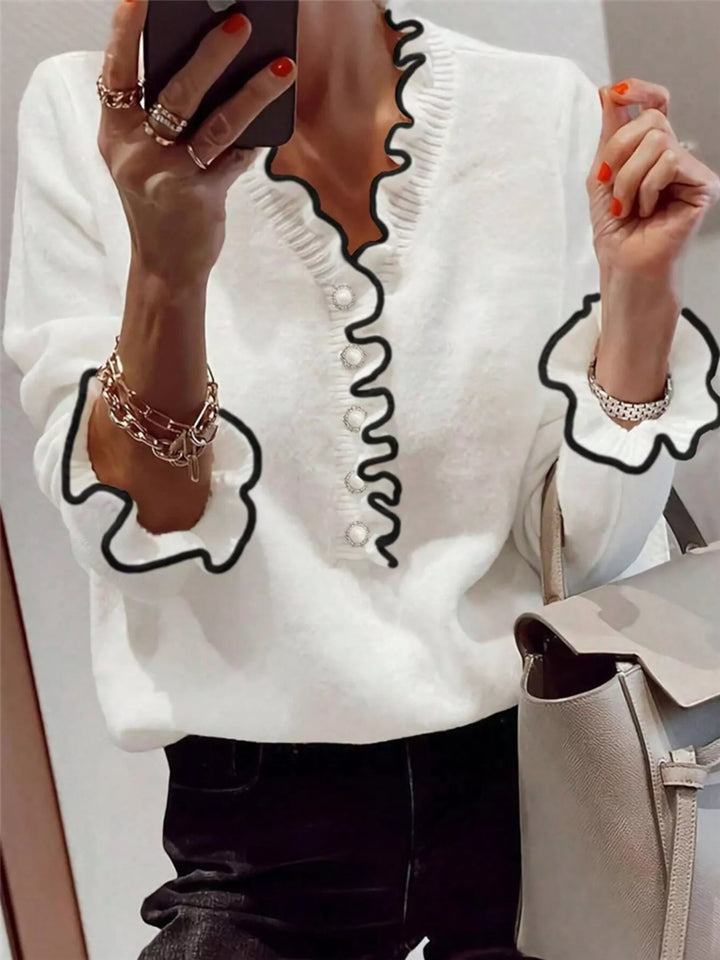 Chloe | Ruffled Trim Button Sweater