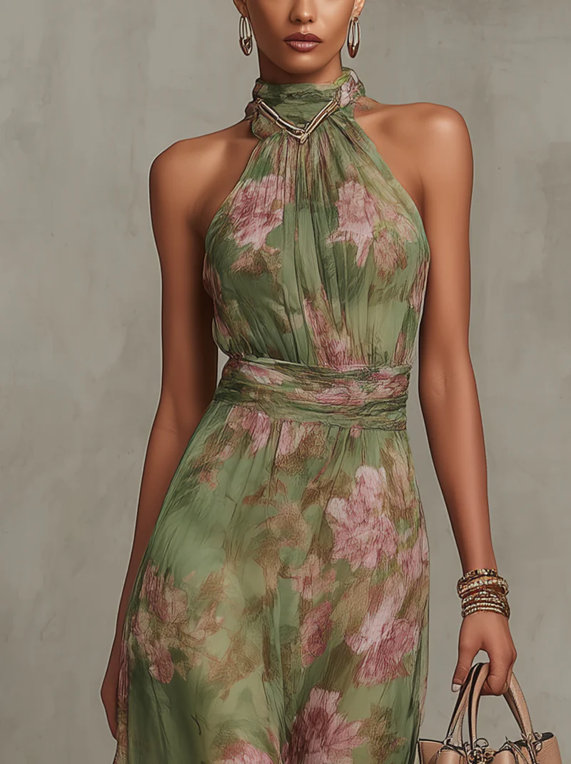 Petronella | Floral Chiffon Halter Maxi Dress